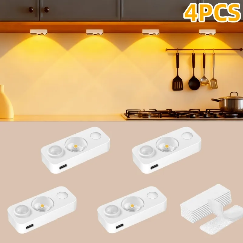(Weiyi-EC)-4PCS LED Motion-sensing Bulb, Rechargeable Cabinet Light, Stick-on Wireless LED Night Light, Under Drawers, Shelves, And Cabinets, With USB Charging Cable, Equipped With Installation Tools