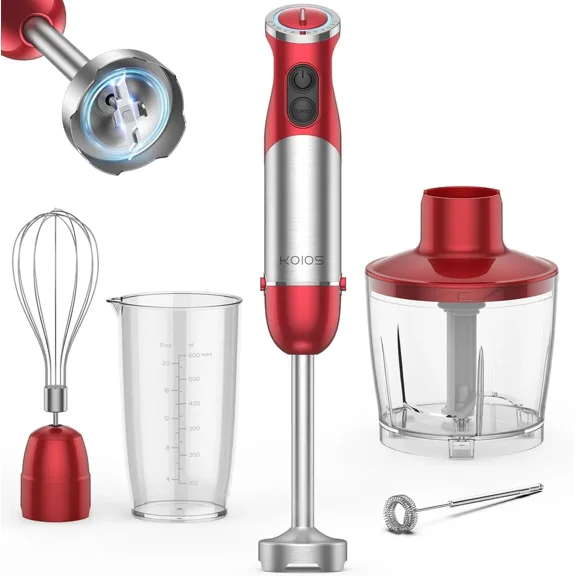 (Weiyi-EC)5-in-1 Hand Immersion Blender, 1000W 12 Speed Handheld Blender, Copper Motor Stainless Steel Blade Stick Blender,600ml Mixing Beaker,500ml Food Processor, Whisk, Milk Frother, BPA-Free, Red