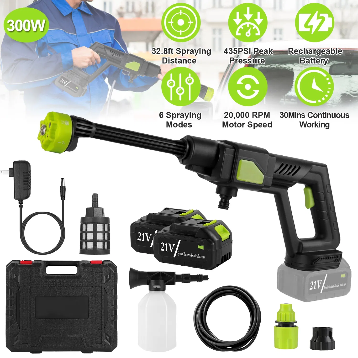 Cordless Pressure Washer Portable Electric Power Washer High Pressure Water Sprayer 435PSI Car Washer Cleaner with 6-in-1 Nozzle Foam Bottle Filter 15000mAh 21V Battery and Charger