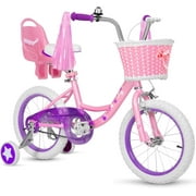 Weize Kids Bike, 14 Inch Girls Bicycle for Age 3-5 Years Old with Height 35"-42", Pink Carbon Steel Frame Bikes with Adjustable Seat, Training Wheel, Basket, and Doll Seat