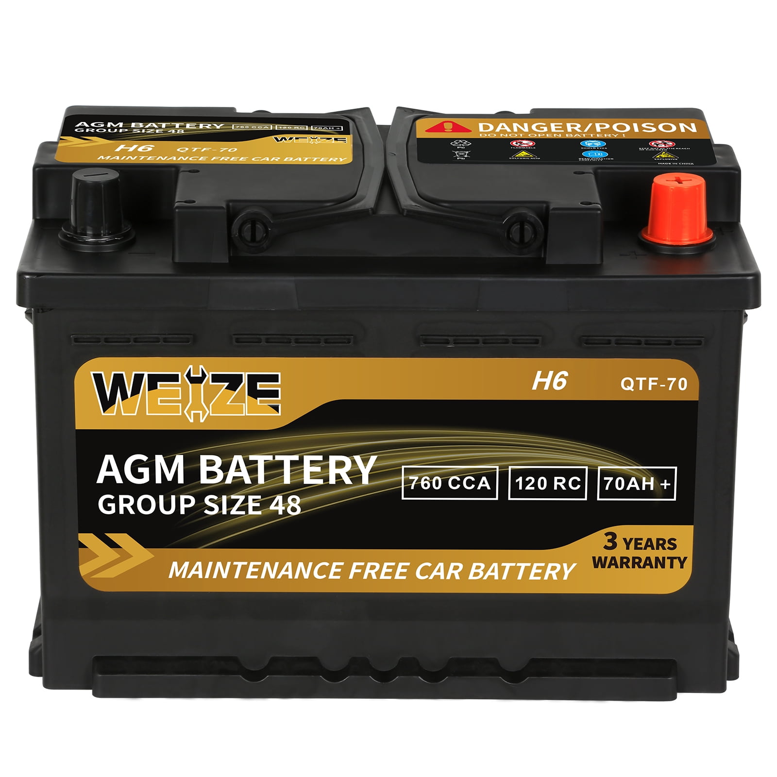 Weize Platinum AGM Battery BCI Group 48-12v 70ah H6 Size 48 Automotive  Battery, 120RC, 760CCA, 36 Months Warranty