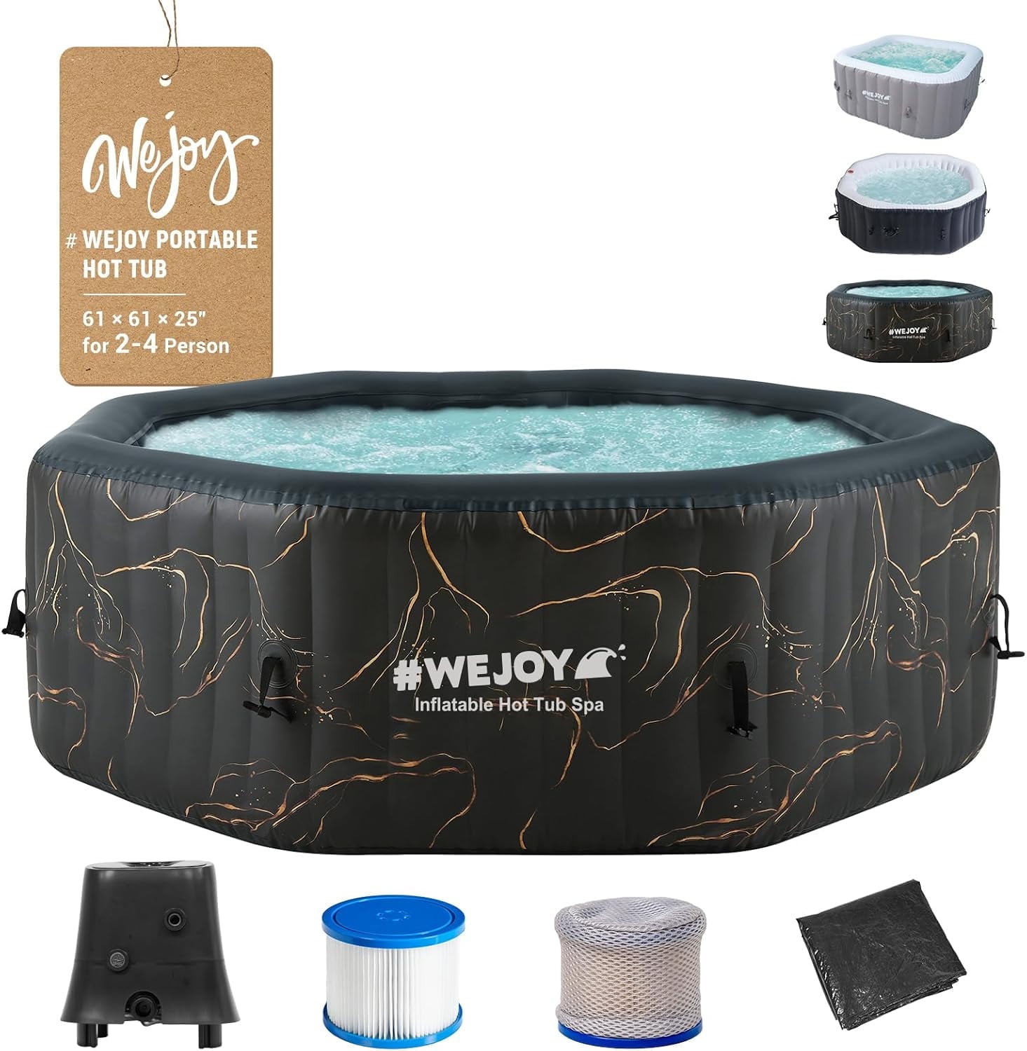 #Wejoy Hot Tub, 2-4 Person Octagon Inflatable Spa Tub Heated Hot Tub 61 x 25 Inch Portable Outdoor Spa with 120 Bubble Jets,Black