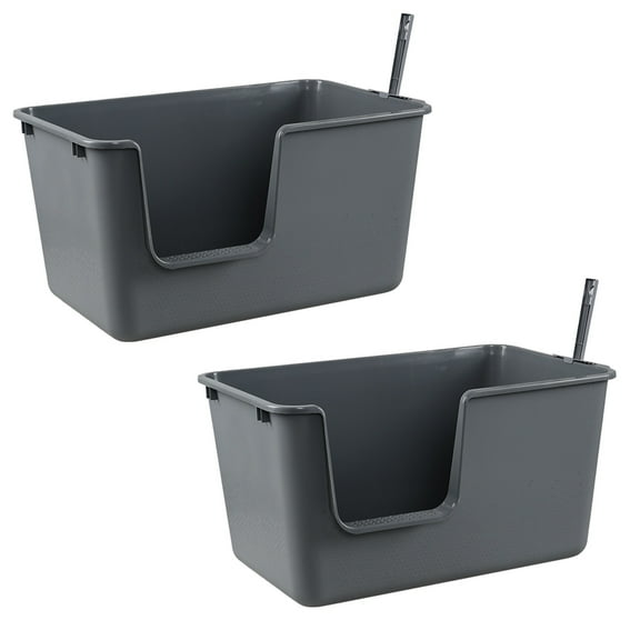 Wekioger 2-Pack Plastic High Sides Cat Litter Box with Scoop, Open Top Cat Litter Box Basin, Grey