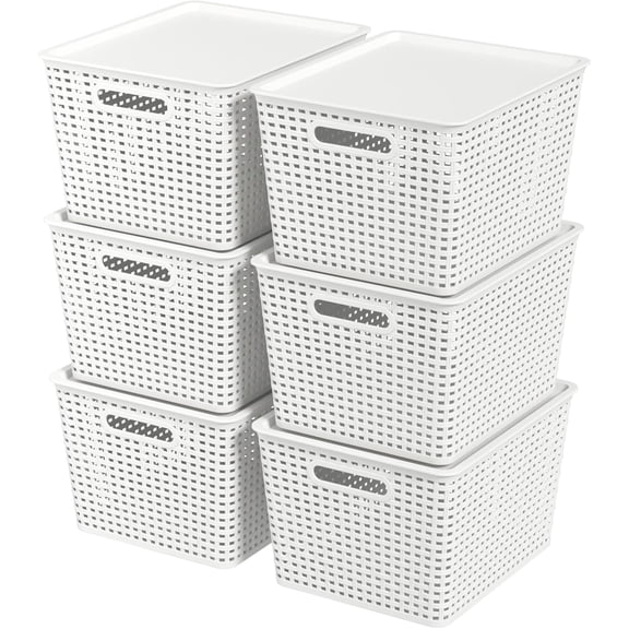 Wekioger 6-Pack Large Plastic Weave Storage Basket with Lid, Lidded Organizer Baskets Bin, White