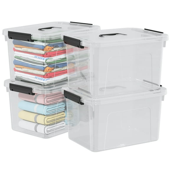 Wekioger Lidded Container Boxes with Handles, 20 Quart Plastic Organizer Bins, Clear, 4 Pack