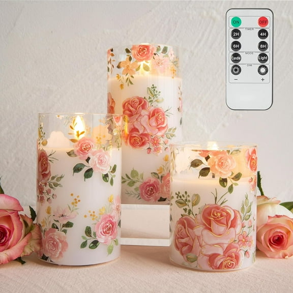 Wekity Flameless Candles with Remote, Battery Operated Glass Candles Pink Rose Flickering LED Candles Real Wax Floral Christmas Decor Electric Pillar Candles Set of 3