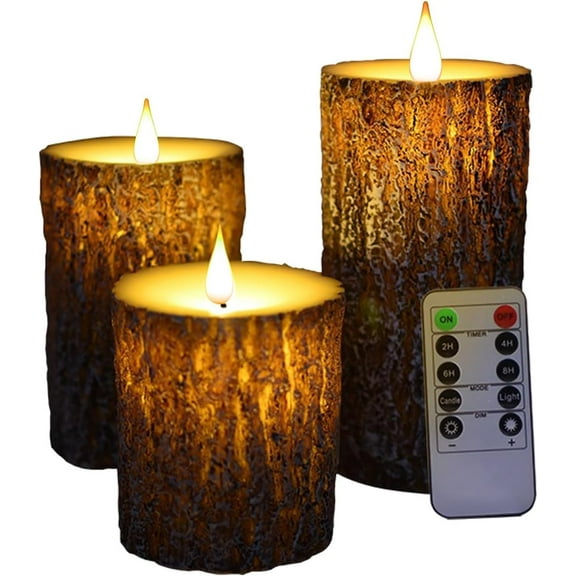 Wekity LED Pine Bark Flameless Candles Set of 3 Real Wax Battery Operated Candles Flickering Teardrop Wick Electric Decorative Pillar Bark Candles with Remote Timer, D3 x H4 5" 6"
