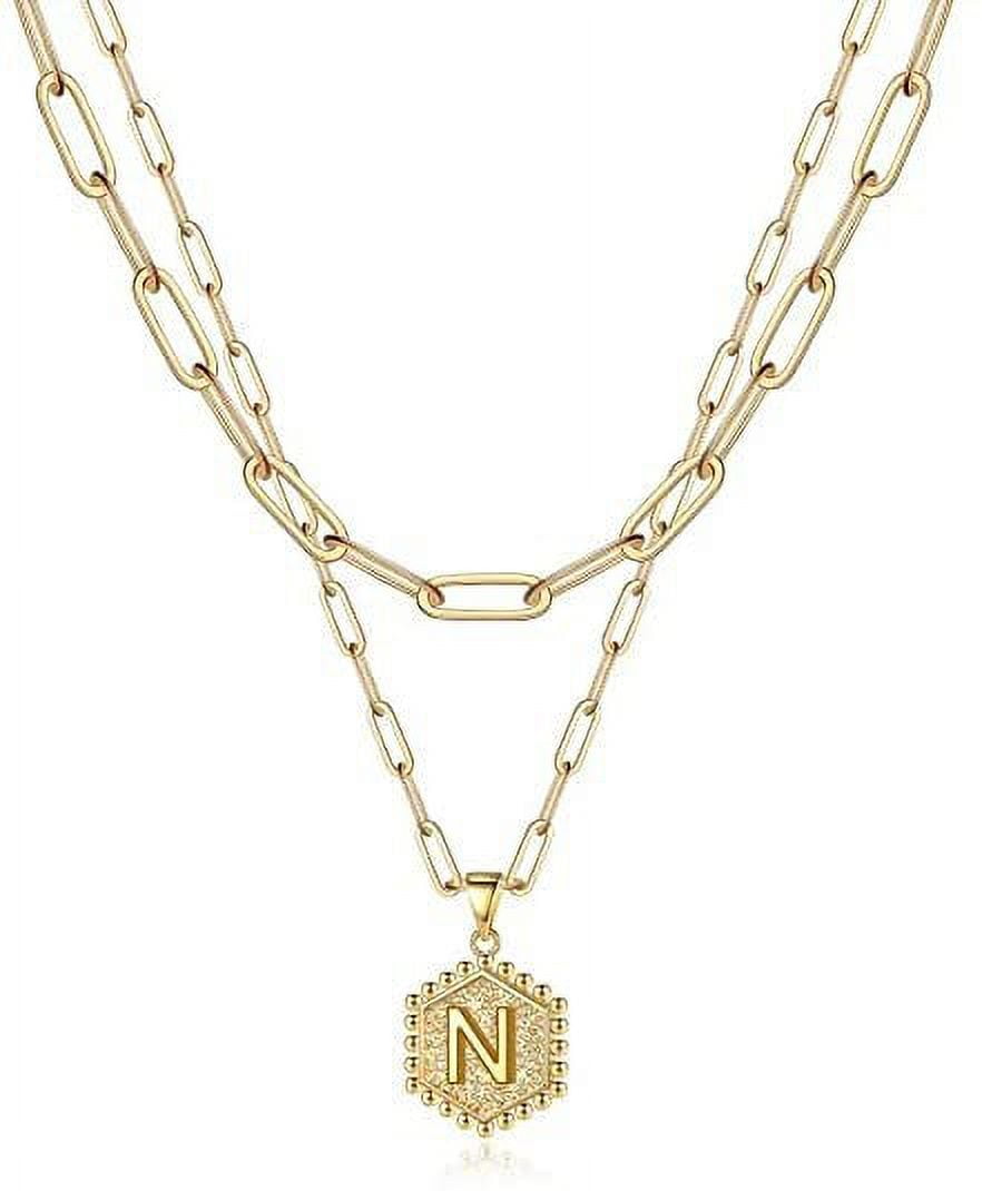 KSF Layered Initial Necklace For Women - 14K Gold Plated Letter A-Z Choker With Cubic Zirconia, Personalized Stack Necklace