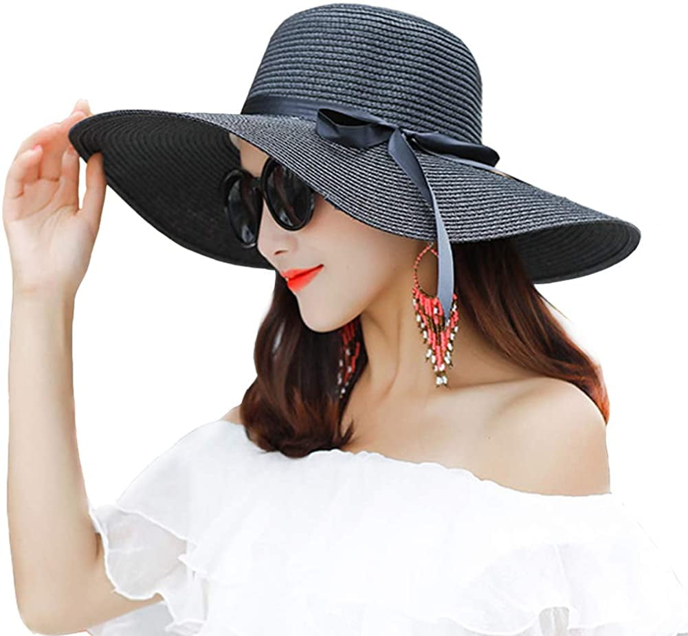 Womens Big Bowknot Straw Hat Large Floppy Foldable Roll up Beach Cap Sun Hat  Summer UV Protection Beach Cap 