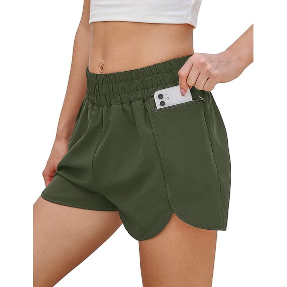 Wekity Womens Running Shorts High Waist Gym Athletic Workout Shorts with Zipper Pockets