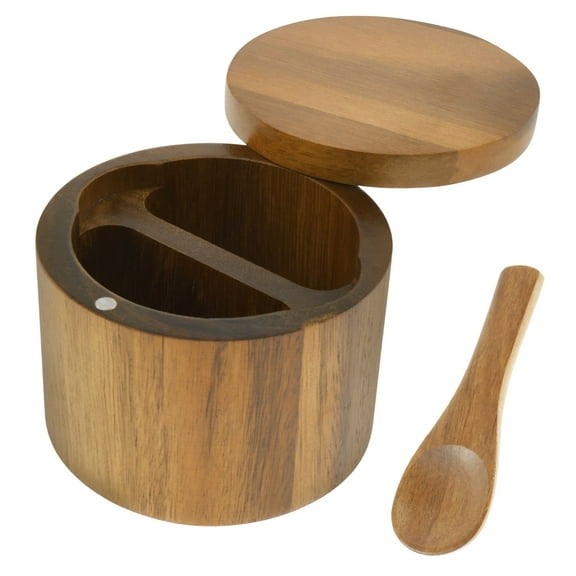 Ihvewuo 1 or 2 Compartments Acacia Wood Salt Bowl with Built in Spoon and Magnetic Swivel Lid Round Salt Cellar Kitchen Salt Holder for Storing Salt Pepper Sugar Spice