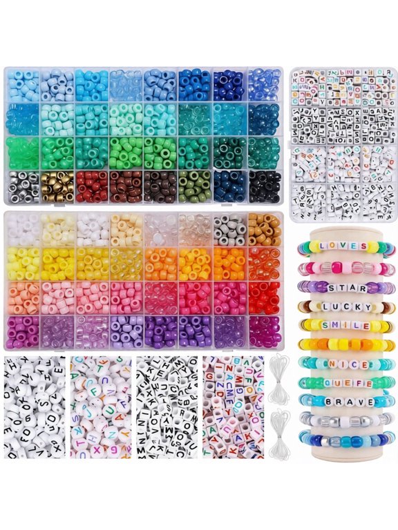 1977pcs Pony Beads Kit Set Bulk Making 64 Colors Plastic Letter Elastic String Jewelry Making Kit Friendship Bracelet Kits Kandi Beads DIY Birthday Crafts Gift for Girls 6x9mm