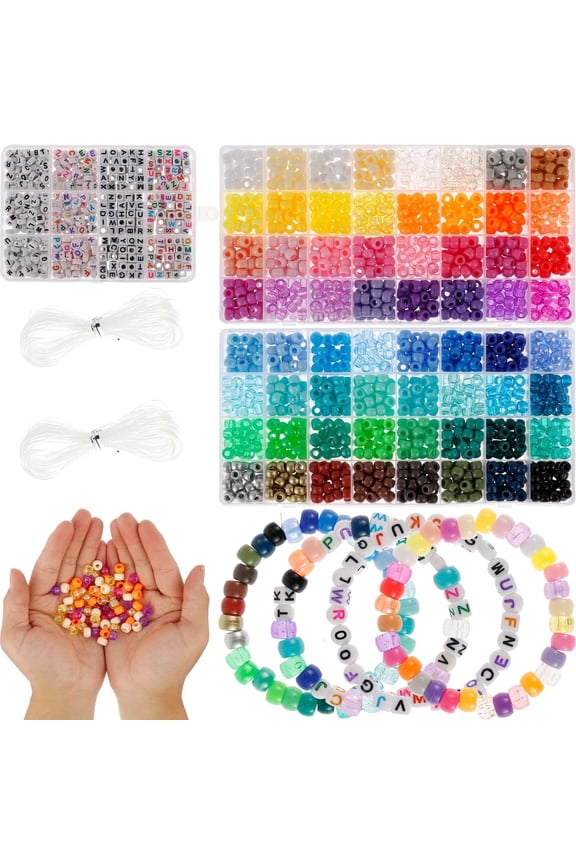 1977pcs Pony Beads Kit for Bracelet Making 64 Colors 9mm Kandi Beads Set Plastic Pony Beads Bulk with 375pcs Letter Beads Elastic String DIY Bracelets Jewelry Beads for Bracelets Necklace