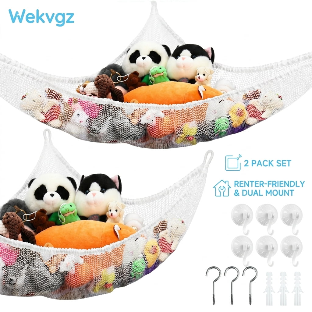 Big Stuffed Animal Storage Hammock – Corner Plush Toy Net Organizer In White, Large Size
