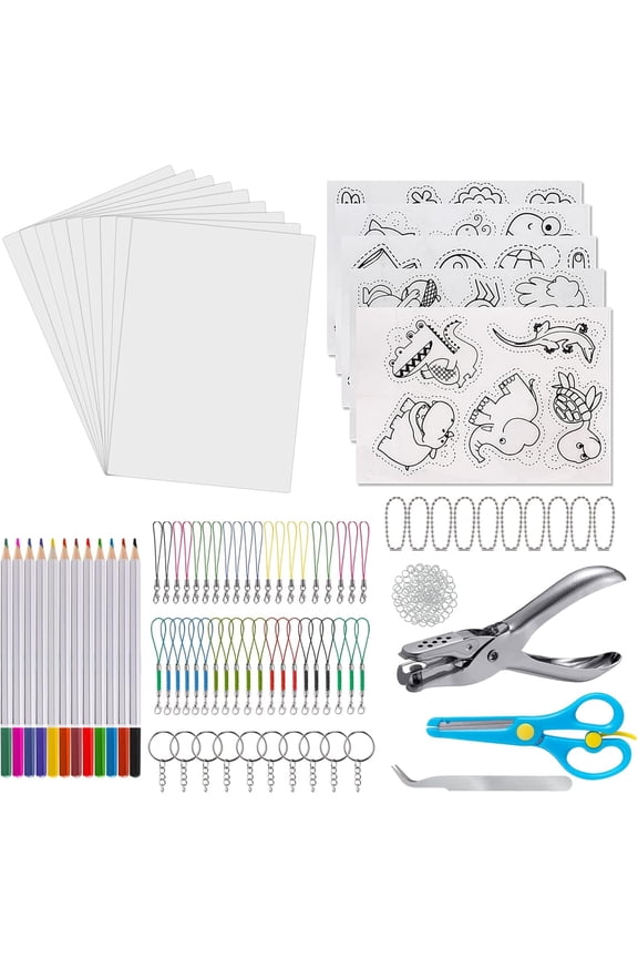 200pcs Heat Shrink Plastic Sheet Kit Shrinky Art Keychain Kit with 25 Sheets Shrink Plastic Sheet Key Rings Colored Pencils Creative Shrinky Craft Making Kit for Kids Key Rings Jewelry