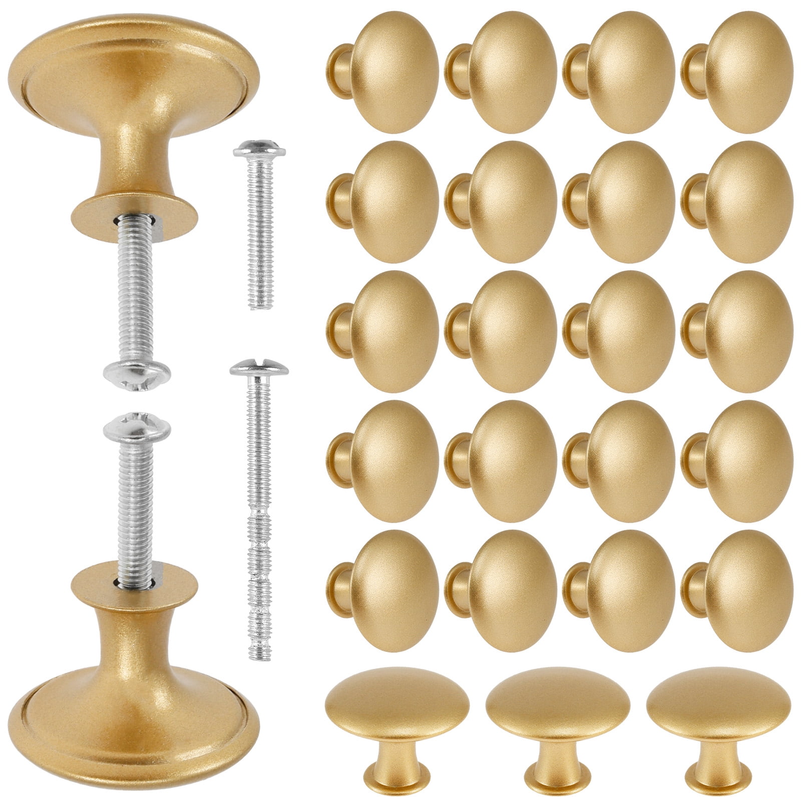 Gold Cabinet Knobs 25 Pack, 1.18" Solid Zinc Alloy Drawer Knobs, Rustproof Round Hardware for Dressers with 2-Size Screws, Wekvgz