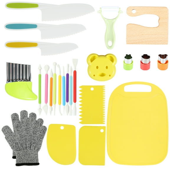 Wekvgz 25pcs Kids Cooking Cutter Set Safe Wood Toddler Cutter Set with Dough Cutters Paring Cutter Framing Pens Pie Molds Fruit Cutters Potato Cutter Chopping Board and Gloves for Kids Boys Girls