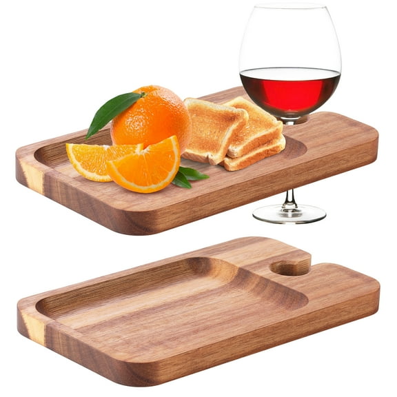 Wekvgz 2Pcs Wood Appetizer Plates With Wine Glass Holder Appetizer Plates Easy to Clean Compact Wine Appetizer Plates Versatile Sturdy Wood Mini Charcuterie Boards for Wine Party Housewarming Party