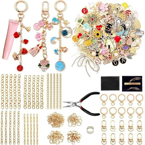 Wekvgz 314pcs Charms Lip Gloss Keychain Making Kit, Including Keychain Clips Extender Chain Charms Jewelry Plier, Bag Charm Kit, Keychains Making Supplies for DIY Crafting and Jewelry Making