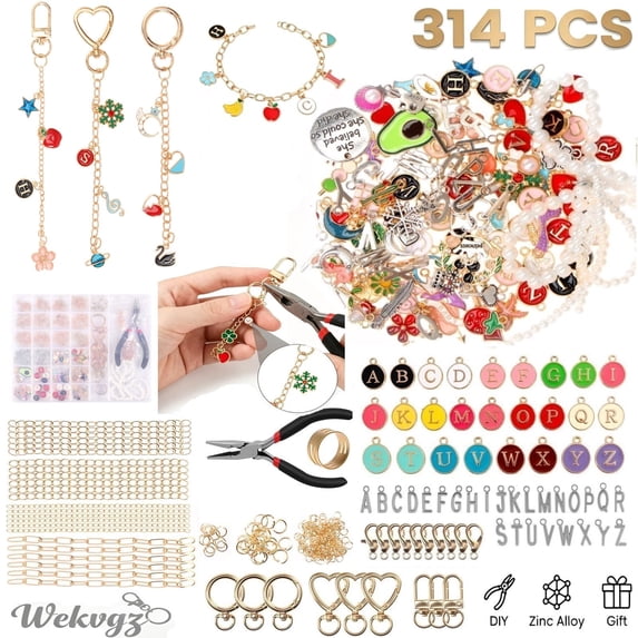 Wekvgz 314pcs Boxed Jewelry and Keychain Making Kit DIY Crafting Charms Bracelet Making Kits Cute Jewelry Beading Including Hooks Lobster Clasps Key Rings and Jump Rings for Craft Supplies