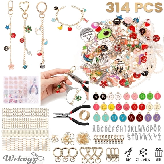 Wekvgz 314pcs Boxed Jewelry and Keychain Making Kit DIY Crafting Charms Bracelet Making Kits Cute Jewelry Beading Including Hooks Lobster Clasps Key Rings and Jump Rings for Craft Supplies