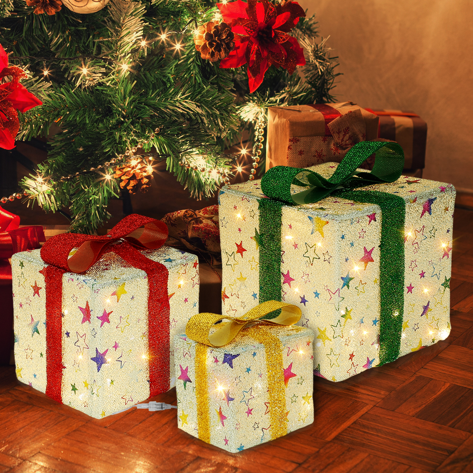 Wekvgz 3Pcs Lighted Christmas Gift Boxes with LED Lights and 8 Flashing