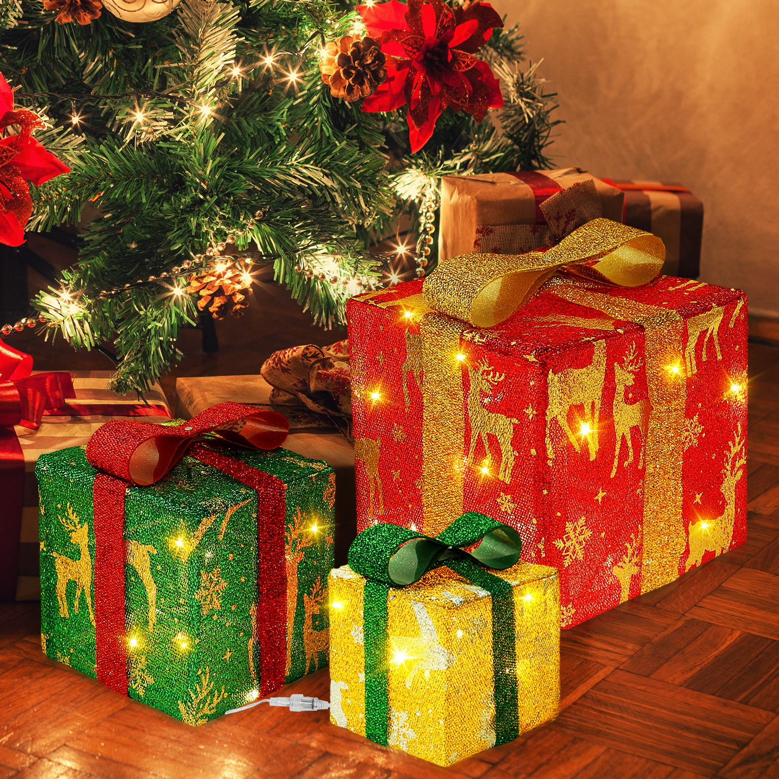 Wekvgz 3Pcs Lighted Christmas Gift Boxes with LED Lights and 8 Flashing