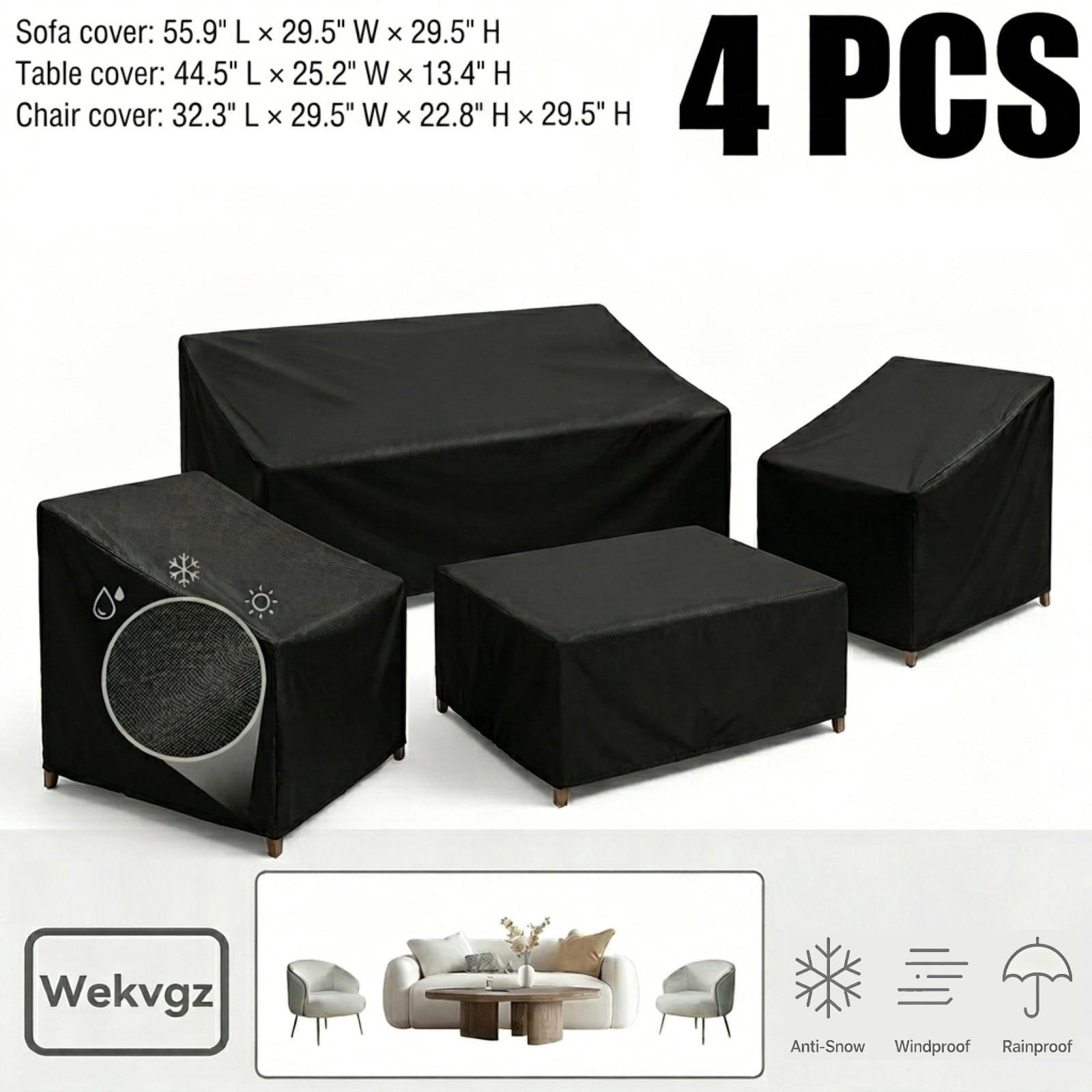 Wekvgz 4 Piece Patio Furniture Cover Set Waterproof 420D Heavy Duty Outdoor Furniture Cover with Windproof Buckle Strap and Adjustable Drawstring Tear-Resistant Sofa Table Chair Protect Cover