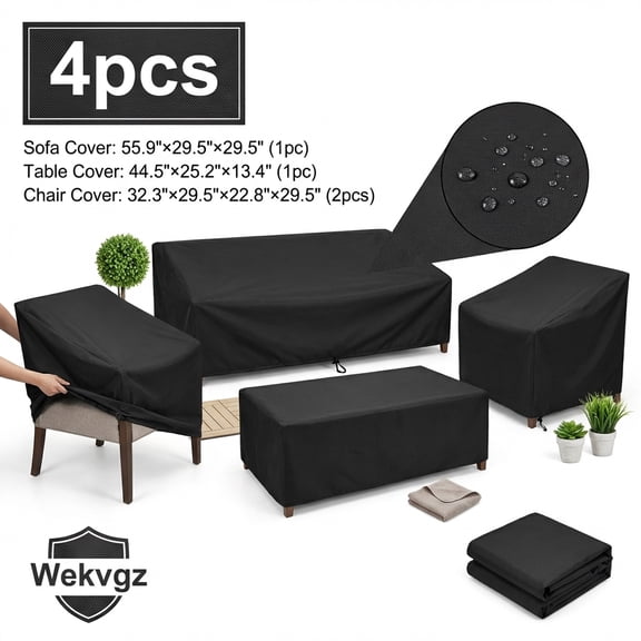 Wekvgz 4 Piece Patio Furniture Cover Set Waterproof 420D Heavy Duty Outdoor Furniture Cover with Windproof Buckle Strap and Adjustable Drawstring Tear-Resistant Sofa Table Chair Protect Cover