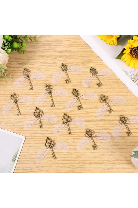 40 Pcs Vintage Keys with 40 Pairs Dragonfly Wings and 30m Crystal String Metal Skeleton Key Decorative Flying Keys 4 Styles Vintage Skeleton Key for Pendant DIY Jewelry Making