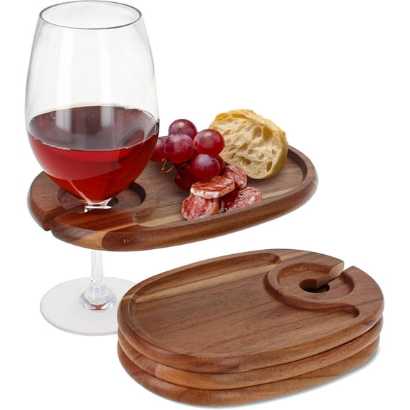 Wekvgz 4Pcs Wood Appetizer Plates With Wine Glass Holder Easy to Clean Compact Wine Appetizer Plates Versatile Sturdy Wood Appetizer Serving Platters for Wine Party Housewarming Party