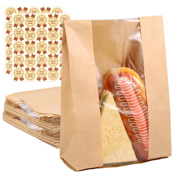 Wekvgz 50pcs Bakery Bags Oil Resistant Paper Food Packaging Bag with Clear Window Cookie Bags with Stickers Multipurpose Bread Toast Bags DIY Paper Bags for Candy Bread Sandwiches 8.3x3.5x13.8 inch