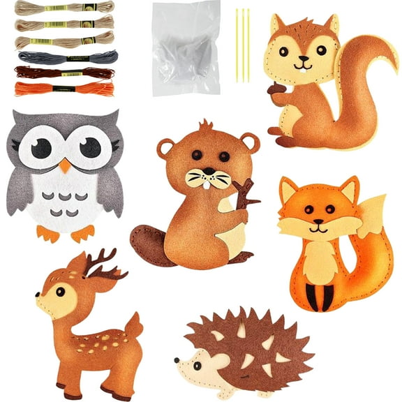 Wekvgz 6pcs Felt Sewing Craft Kit for Kids Animal Sewing Craft Kit Forest/Woodland Animal DIY Crafting and Sewing Set with Felt Materials Fun Sewing Craft Gift for 7 to 14 Years Old Boys Girls
