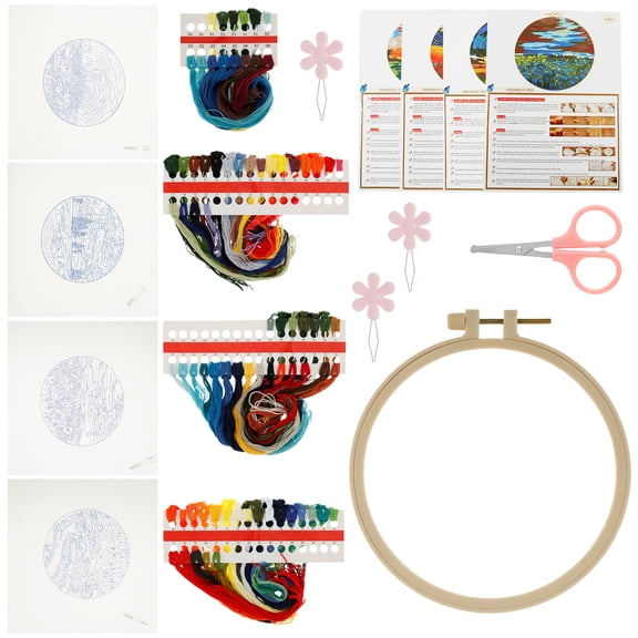 Wekvgz 8Pcs Embroidery Starter Kit with Pattern Stamped Cross Stitch Kit DIY Embroidery Kit Hand Embroidery Kit with Embroidery Hoop and Instructions for Beginners Adults