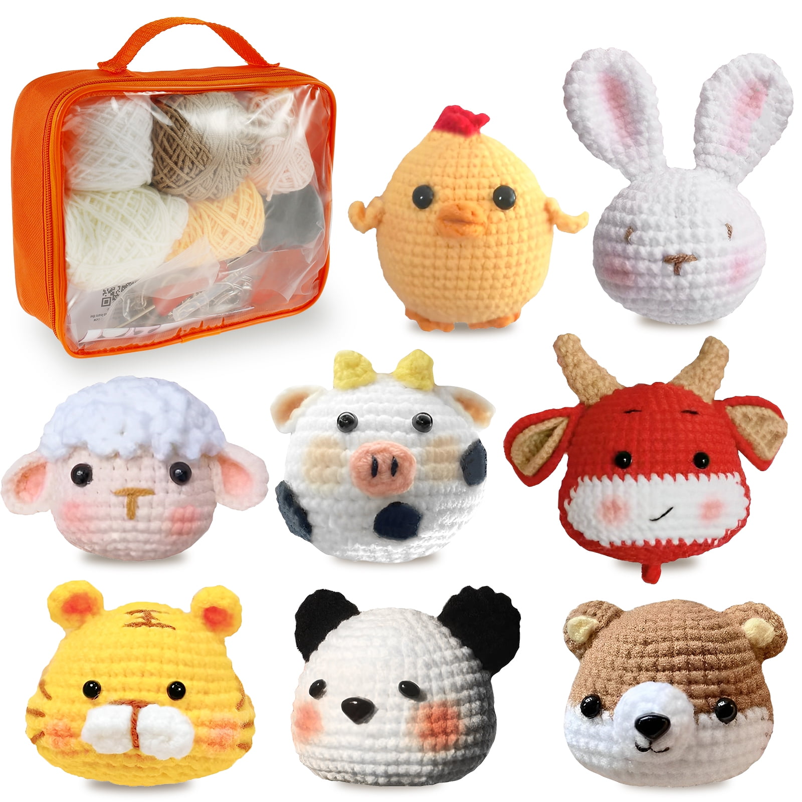 Wekvgz 8pcs Crochet Kit for Beginners Complete Crochet Knitting Kit Cute Animal Crochet Starterpcs with Yarn Stuffing Crochet Hooks DIY Crochet Craft Kit with Step-by-Step Video for Adults 8x8cm