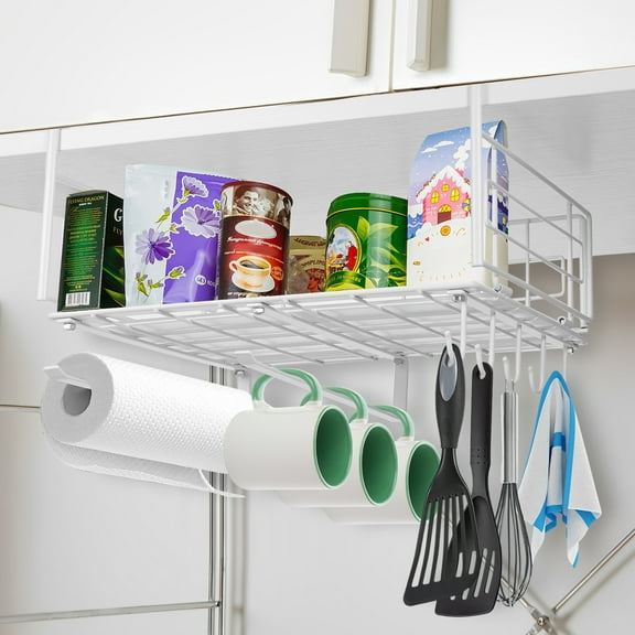 Wekvgz Basket Hanging Under Shelf Storage Basket with Hooks No Drilling Under Shelf Organizer Foldable Under Cabinet Storage Shelf Wire Baskets 12.7"x10.4"x6.5" for Kitchen Pantry Desk Bookshelf