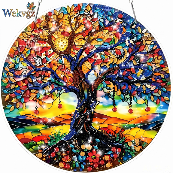 Diamond Art Hanging Pendant Kit, DIY Acrylic Window Ornament Set with Rhinestones for Home Wall Decor, 8-Inch Tree