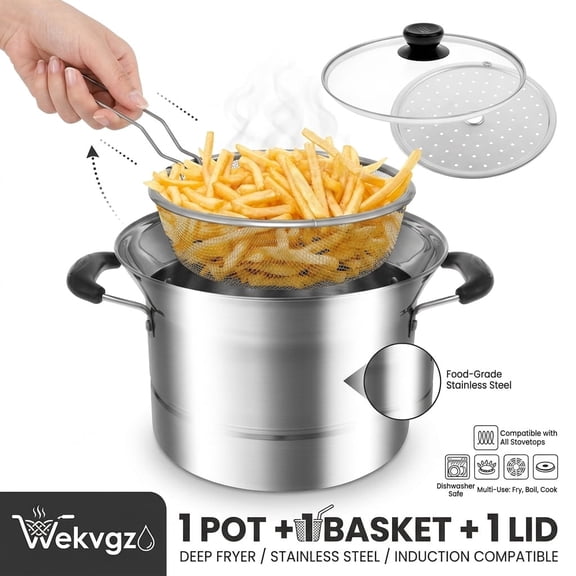 Deep Fryer Pot with Strainer Basket, Stainless Steel Small Cooking Pot for Home Kitchen, French Fries, Chicken Wings, Induction Compatible