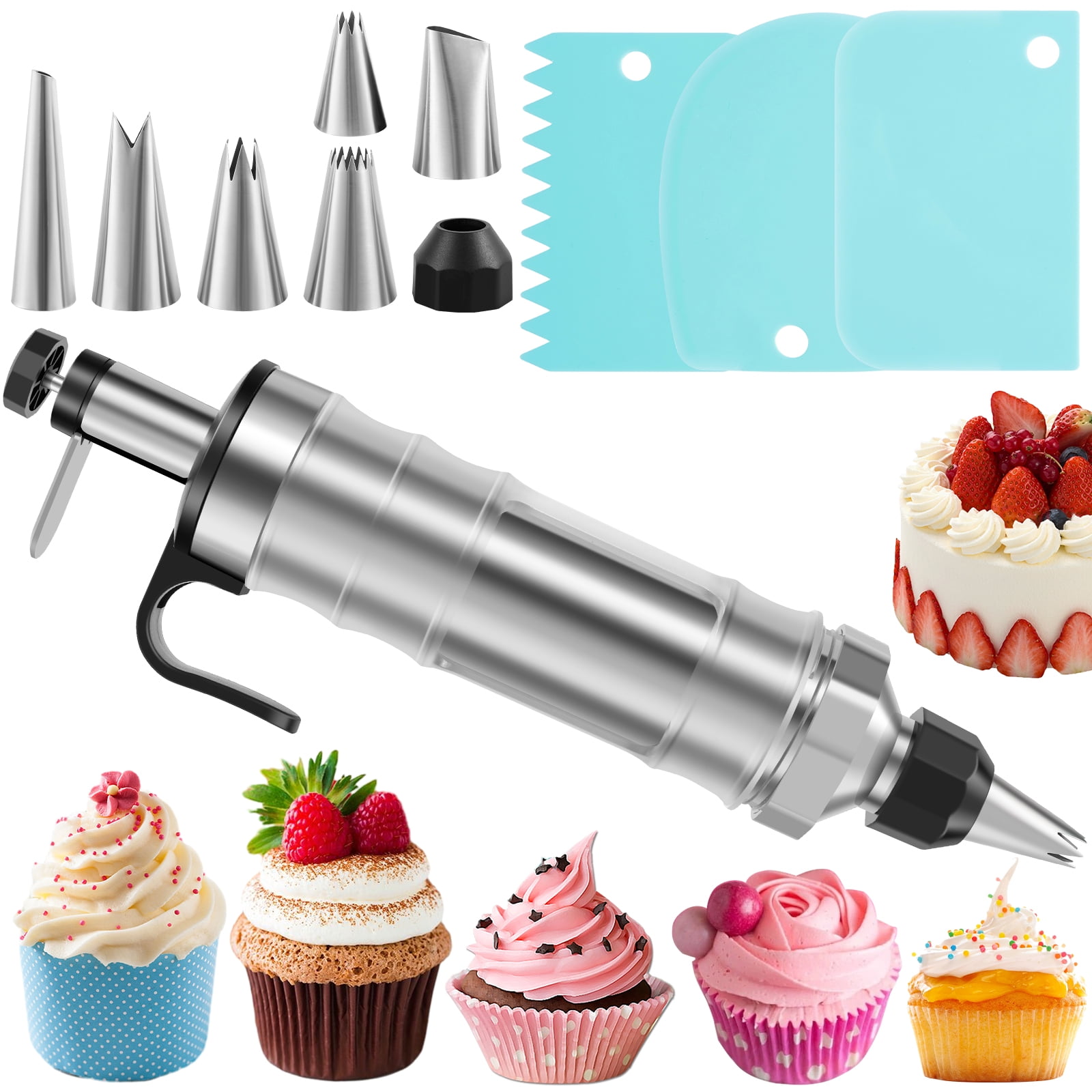 Wekvgz Dessert Decorating Syringe with 6 Nozzles 3 Scrapers Stainless