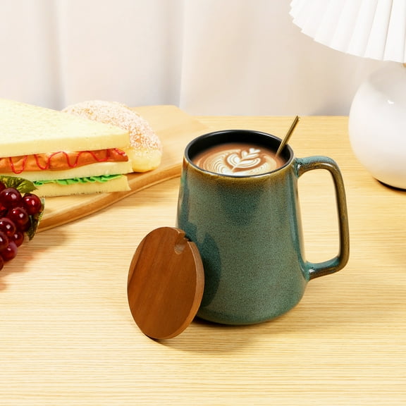 Wekvgz Large Ceramic Coffee Mug with Spoon and Wood Lid 24 OZ Coffee Cup Large Handle Design Tea Cup Microwave and Dishwasher Safe Mug for Coffee Tea Cocoa Milk