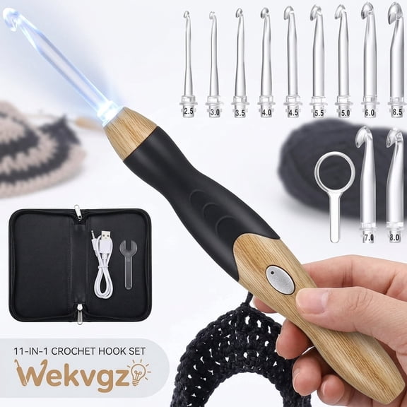 11Pcs Lighted Crochet Hooks Set Rechargeable Ergonomic Needles for Arthritic Hands 2.5-8.0mm Adult Crafts