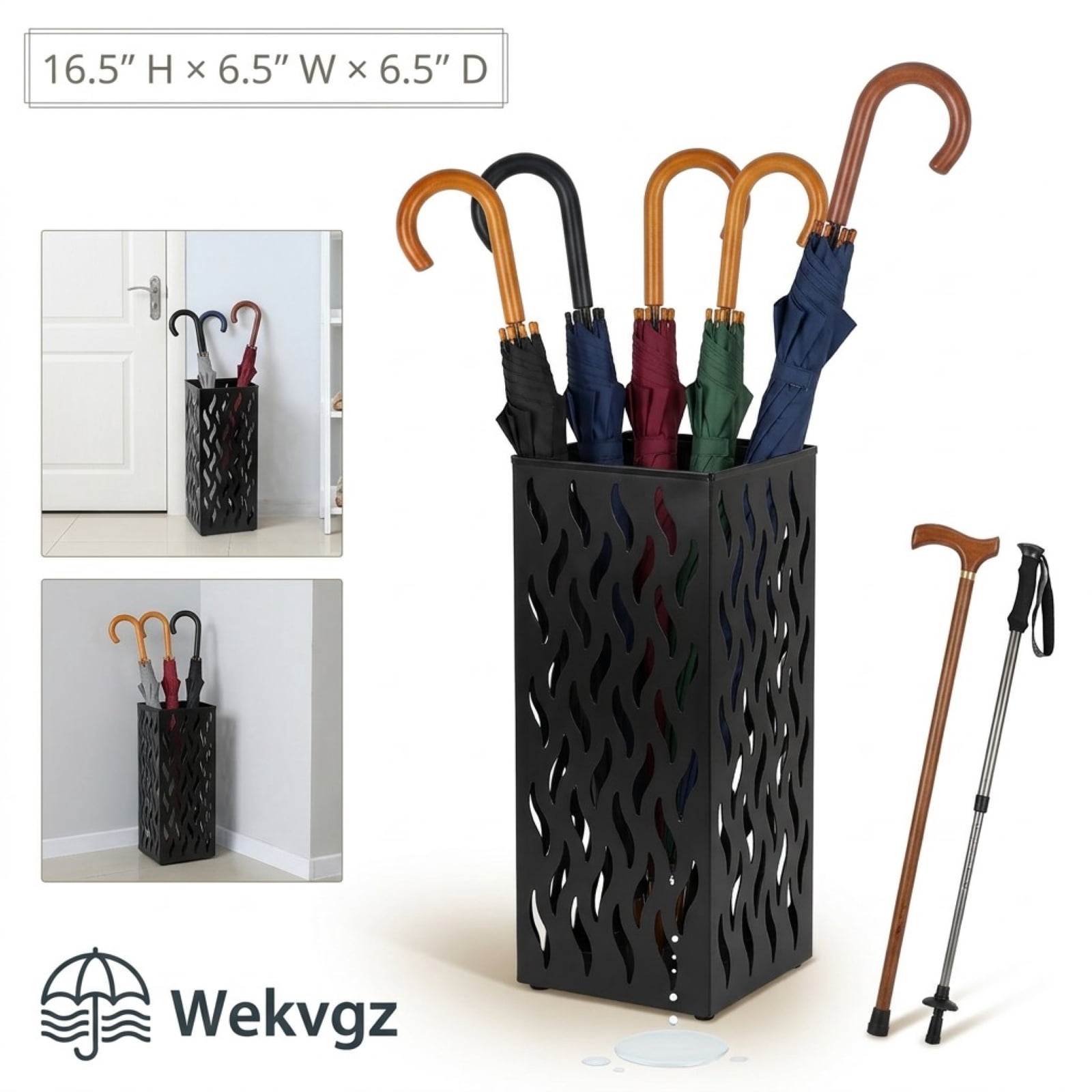 Wekvgz Metal Umbrella Indoor Holder Entryway Hollowed Square Decorative Umbrella Racks and Stands Freestanding Storage Organizer (6.5*6.5*16.5in)