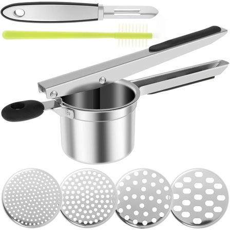 Wekvgz Potato Ricer Stainless Steel Potato Masher Manual Potato Press Reusable Potato Ricer Masher Potato Press with 4 Interchangeable Discs for Mashed Potatoes Vegetables