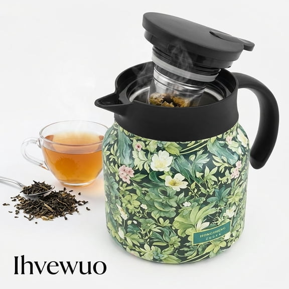Floral Teapot with Infuser, 27oz (800ml) Stainless Steel Thermal Carafe for Loose Leaf Tea,Vintage Insulated Teapot for Home Office Green