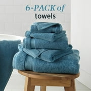 WelHome 100% 6-Piece Solid Towel Set, Delphinium Blue, 600 GSM, 2 Bath Towels, 2 Hand Towels, 2 Washcloths, Absorbent, Bathroom Essentials