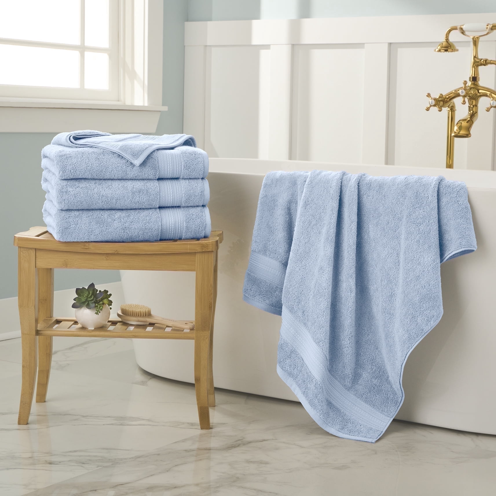 WelHome 100% Cotton 4 Piece Ultra SOFT TWIST Solid Bath Towels Set, 600 GSM, 30in x 54in, Highly Absorbent, Bathroom Towels For Everyday Use, Light Blue