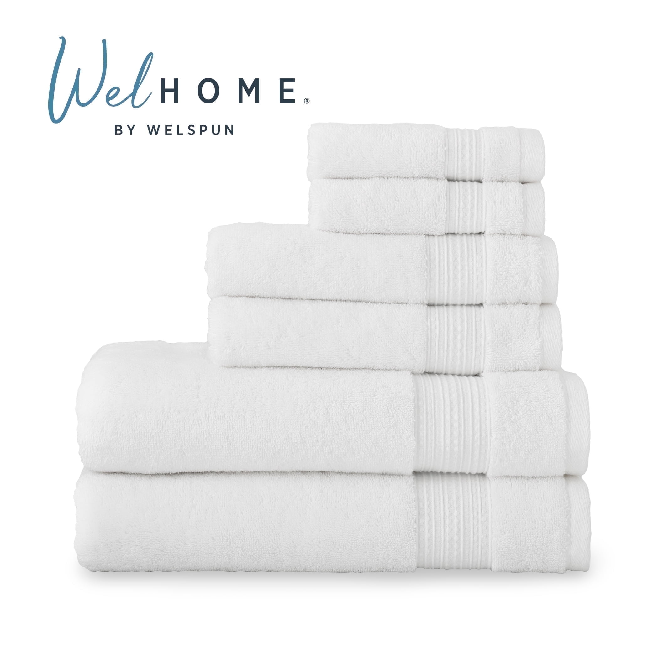 WelHome Large 100% Cotton Towel Set, White, 2 Bath Towels, 2 Hand Towels, 2 Washcloths