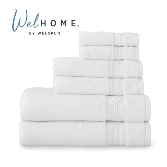 WelHome Large 100% Cotton Towel Set, White, 2 Bath Towels, 2 Hand Towels, 2 Washcloths