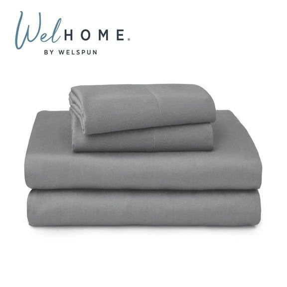 WelHome 100% Cotton Percale 3-Piece Twin Size Deep Pocket Bed Sheets Set, 1 Fitted, 1 Flat Sheet with 1 Pillowcase, Gray