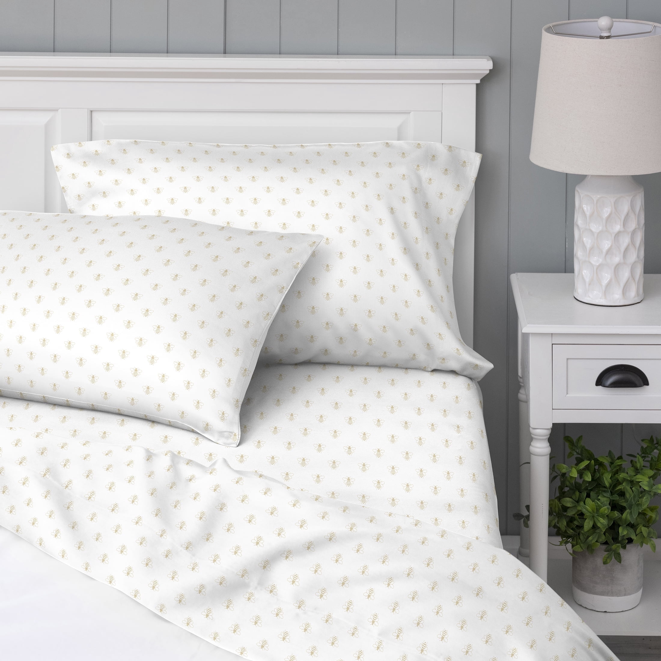 WelHome 100% Cotton Percale 3-Piece Twin Size Deep Pocket Printed Bed Sheets Set, 1 Fitted, 1 Flat Sheet with 1 Pillowcase, Ultra Light, Breathable & Super Soft Sheets, Bumble Bee
